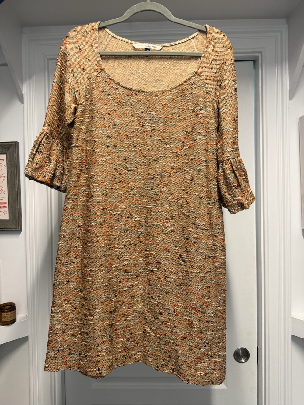 Diane Von Furstenberg Beige Speckled Knit Midi with Ruffle Sleeves
